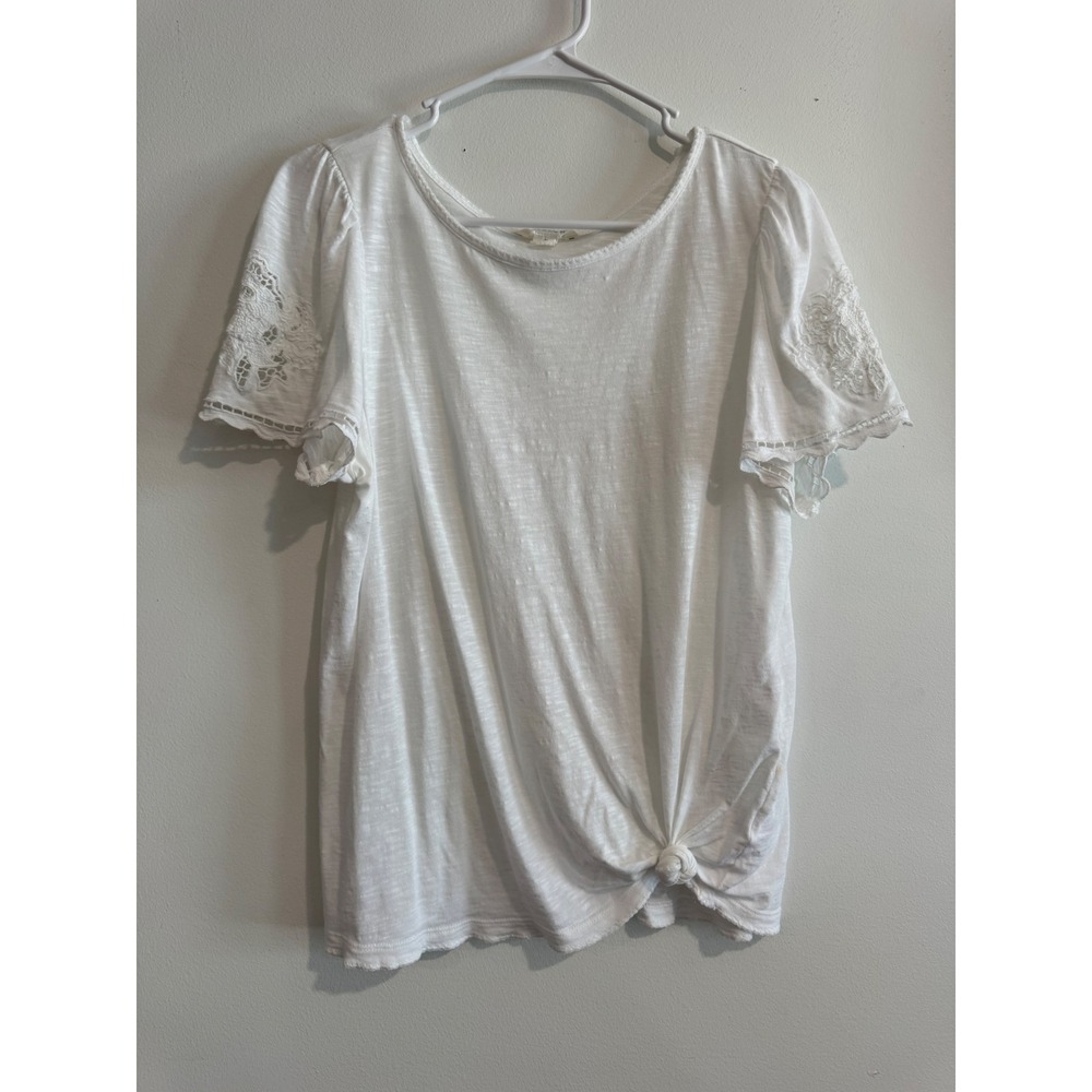 Caslon Crochet Lace Sleeve Side Knot Top Womens Small‎ White Slub Knit Tee